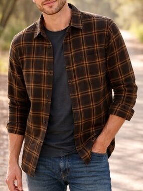 Carbon2Cobalt Men’s Plaid Flannel Button Down Shirt Size M Brown Gold Casual